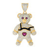10K Yellow Gold Pink CZ Unisex Iced Out Domed Toy Charm Teddy Bear Heart Pendant