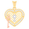 10K Tri-Color Gold CZ Women's 1" Love Charm Latticed Heart w/ Lock & Key Pendant