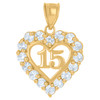 10K Yellow Gold Round CZ Womens 0.95" Love Charm Quinceanera 15 in Heart Pendant