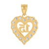 10K Yellow Gold Round CZ Womens 0.95" Love Charm Quinceanera 15 in Heart Pendant