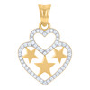 10K Two Tone Gold Round CZ Womens 0.95" Love Charm Double Heart w/ Stars Pendant