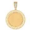 10K Yellow Gold CZ 1.45" Greek Key Border on Circle Picure Memory Frame Pendant