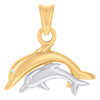 14K Two Tone Gold CZ Unisex 0.75" Ocean Charm Swimming Double Dolphin Pendant