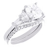 14K White Gold Lab Created Cushion Diamond 3 Stone Contoured Bridal Set 2.93 CT