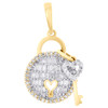10K Yellow Gold Real Baguette Diamond Domed Padlock & Heart Key Pendant 0.45 CT