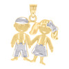 Real 10K Two Tone Gold Texture Diamond Cut Baby Boy & Girl Holding Hands Pendant