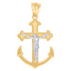 Genuine 10K Two Tone Gold 1.35" Nautical Textured Anchor Cross Crucifix Pendant
