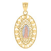 Real 10K Tri Color Gold 1.20" Filigree Oval XO Medallion Lady Guadalupe Pendant