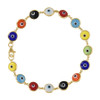 Real 10K Yellow Gold Multi-Color Enamel Good Luck 6mm Evil Eye Link 7" Bracelet