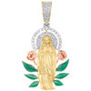10K Yellow Gold Natural Diamond Enamel Praying Mother Mary Roses Pendant 5/8 CT