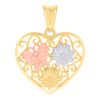 10K Tri Color Gold 1" Charm Filigree Pink Butterfly Flowers Heart Frame Pendant