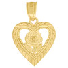 10K Yellow Gold 0.75" Polished Milgrain Charm Single Rose in Heart Frame Pendant