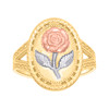 10K Tri-Color Gold Women's 17mm Textured Split Shank Oval Frame Rose Flower Ring