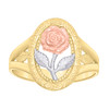 10K Tri-Color Gold Women's 16mm Textured Split Shank Oval Frame Rose Flower Ring