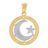 10K Two Tone Gold Unisex 0.85" D/C Textured Islamic Crescent Moon & Star Pendant