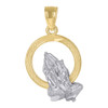 10K Two Tone Gold Unisex 0.85" D/C Charm Textured Frame Praying Hands Pendant