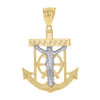 10K Two Tone Gold Unisex 1.70" Texture Greek Key Mariner Anchor Crucifix Pendant