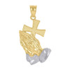 10K Two Tone Gold Men's 1.25" Textured Charm Praying Hands Holding Cross Pendant