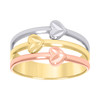 10K Tri Color Gold Women's D/C 11mm Split Shank Sideways 3 Hearts Semanario Ring