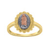 10K Tri Color Gold Womens 13mm Texture Floral Border Oval Lady of Guadalupe Ring