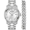 Bulova Crystal 96K114 Men Stainless Steel Silver Dial Watch & Cuban Bracelet Set