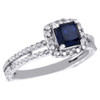 925 Sterling Silver Created Blue Sapphire & Diamond Halo Engagement Ring 0.03 Ct