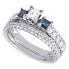 Blauer Diamant, drei Steine, Verlobungs-Ehering, Brautset aus 14 Karat Weißgold, 1 Tcw