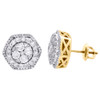 10k Yellow Gold Diamond Studs Hexagon-Shape Halo 11.25mm Pave Earring 1.29 CT.