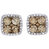 14K White Gold Brown Diamond Flower Studs Square Halo 9mm Earrings 1.50 CT.
