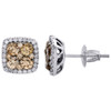 14K White Gold Brown Diamond Flower Studs Square Halo 8mm Earrings 1 CT.