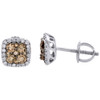 14K White Gold Brown Diamond Flower Studs Square Halo 6.75mm Earrings 0.50 CT.