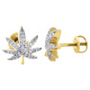 10K Yellow Gold Marijuana Leaf Plant Diamond Studs Pave 11.50mm Earrings 0.22 Ct