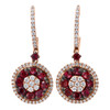 18K Rose Gold Red Ruby & Diamond Flower Cluster Halo Dangler Earrings 1.87 Tcw.