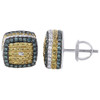 10K White Gold Yellow & Blue Round Diamond 3D Studs Square Cube Earrings 1.80 Ct