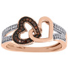 10K Rose Gold Red Diamond Right Hand Double Heart Ladies Cocktail Ring 1/6 Ct.