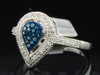 10k White Gold Round Cut Blue Diamond Tear Drop Design Fashion Cocktail Ring