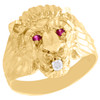 Real 10K Yellow Gold Mens Lion Head Pinky Ring 18mm Fancy Band Created Ruby Eyes