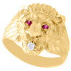 Anello da mignolo da uomo con testa di leone in vero oro giallo 10k, fascia fantasia da 18 mm con occhi di rubino