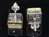 Blue & Yellow Diamond 3D Cube Earrings 10K White Gold Round Pave Studs 1.43 Tcw.
