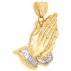 Real 10K Yellow Gold Two Tone Diamond Cut Praying Hands Pendant Charm 1.50"