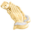 Real 10K Yellow Gold Two Tone Diamond Cut Praying Hands Pendant Charm 1.50"