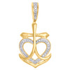 10K Yellow Gold Real Diamond Heart Cross Anchor Pendant 1.10" Pave Charm 1/10 CT