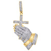 10K Yellow Gold Real Diamond Praying Hands w/ Cross Pendant 2" Charm 1.50 CT.