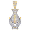 10K Yellow Gold Diamond Hands Holding Money Bag Pendant Designer Charm 2 CT.