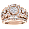 14K Rose Gold Diamond Flower Engagement Ring + Wedding Band Bridal Set 2 CT.