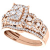 14K Rose Gold Diamond Cluster Enagement Ring + Wedding Band Bridal Set 0.88 CT.