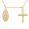 Sterling Silver Gold Tone Diamond Mary Medallion + Cross Necklace 16" 0.10 CT.