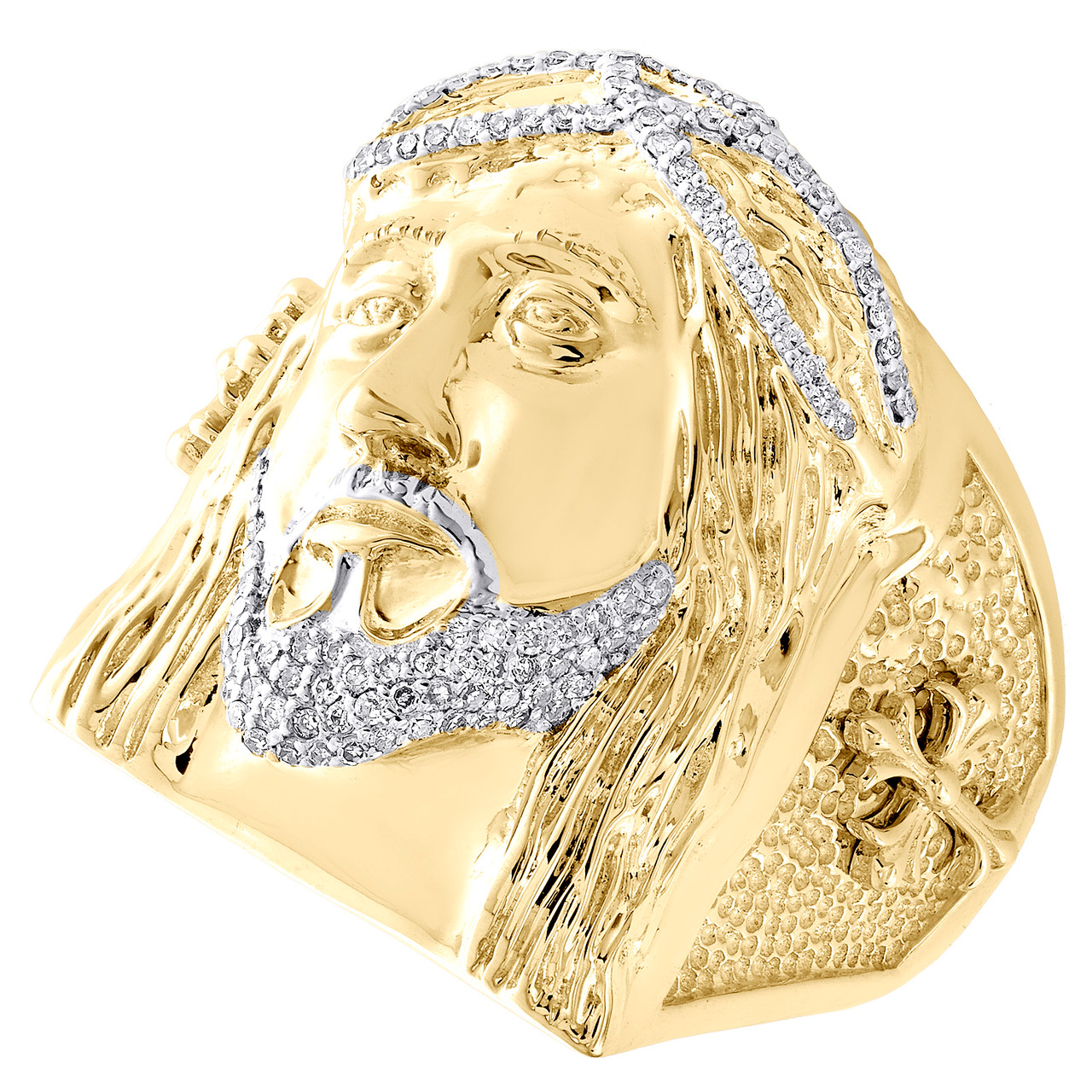 10K Yellow Gold Round Diamond Jesus Face Statement Band 25mm Pinky Ring ...