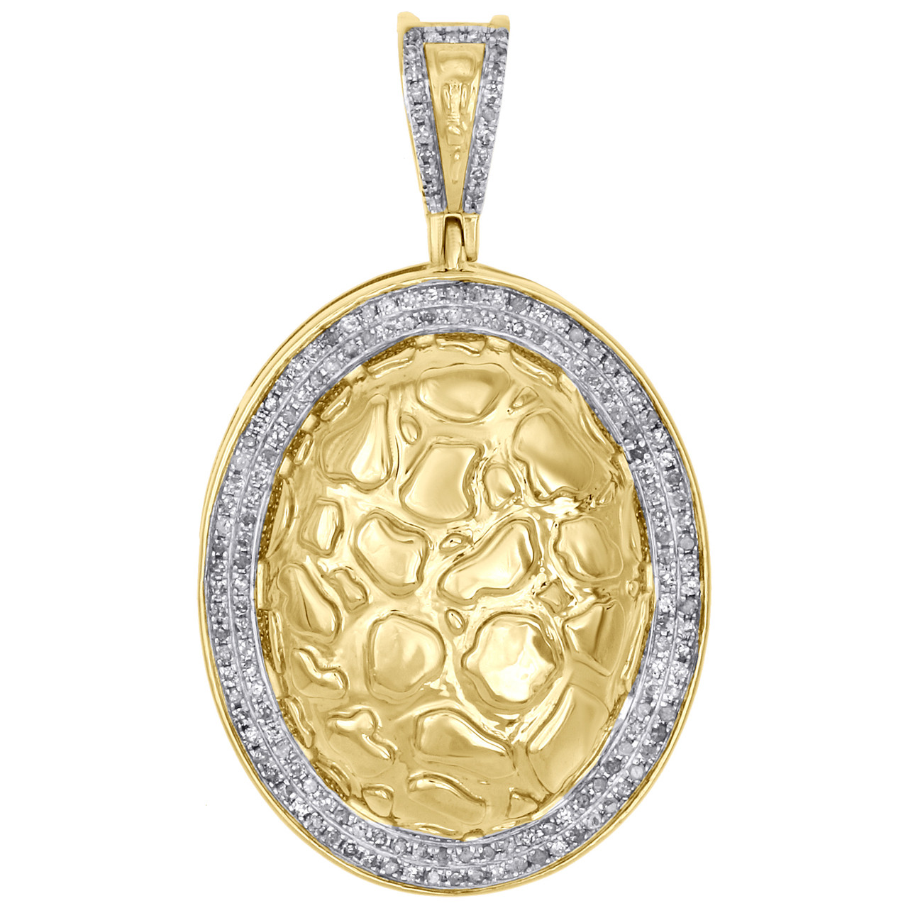 10K Yellow Gold Real Diamond Nugget Ore Oval Frame Pendant 1.70