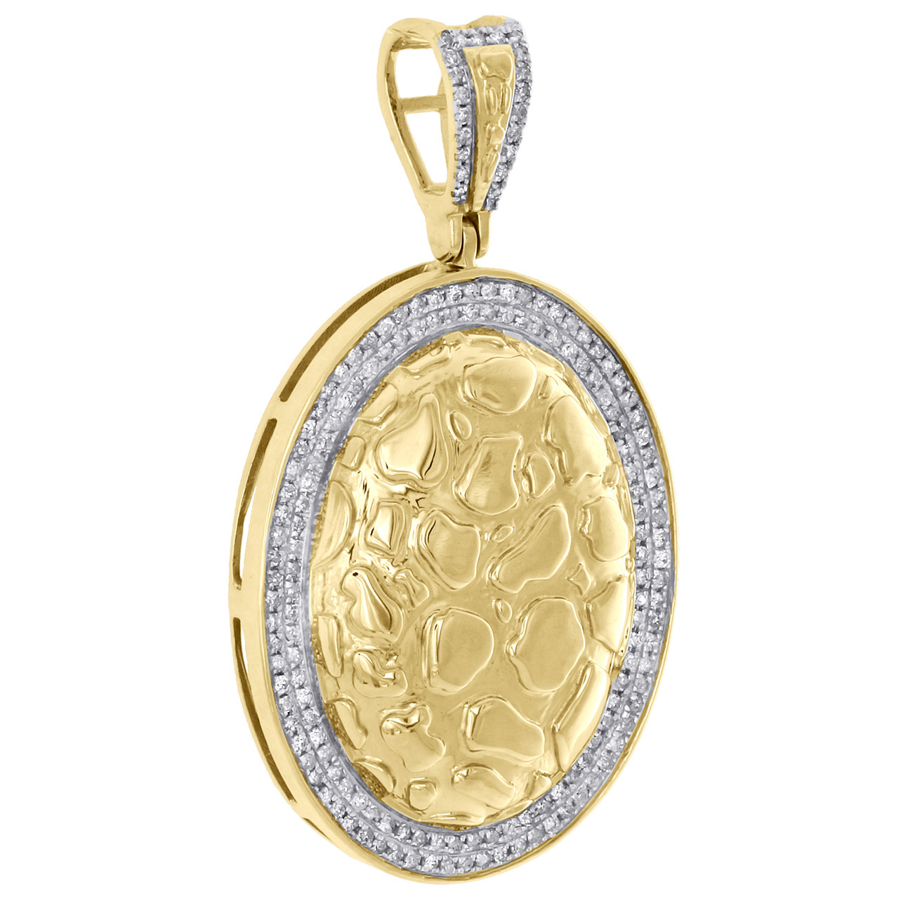 10K Yellow Gold Real Diamond Nugget Ore Oval Frame Pendant 1.70